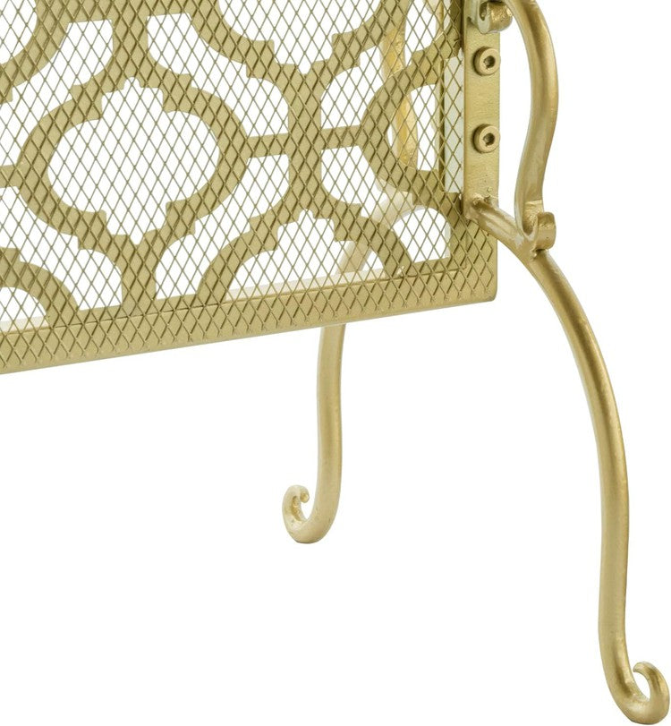 Brass Tone Metal Fireplace Screen with Vintage Moroccan Arabesque Pattern-MyGift
