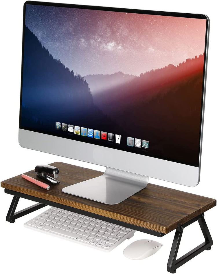 Brown Wood and Black Metal Desk Storage Organizer Display, Desktop Computer Monitor Riser-MyGift