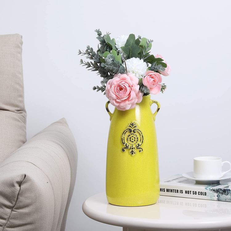 Farmhouse Decor Vintage Vase, Antique Yellow Milk Jug Style Ceramic Vase for Flowers-MyGift