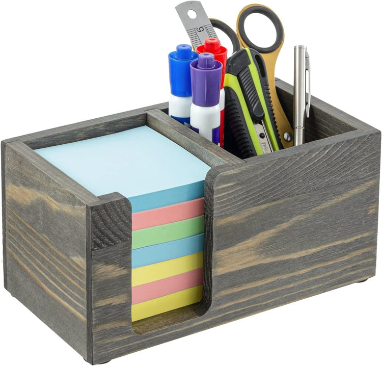 Gray Wood Sticky Note and Stationery Holder Stand, Office Desktop Storage Caddy for Note Pads, Pen Pencil Cup-MyGift