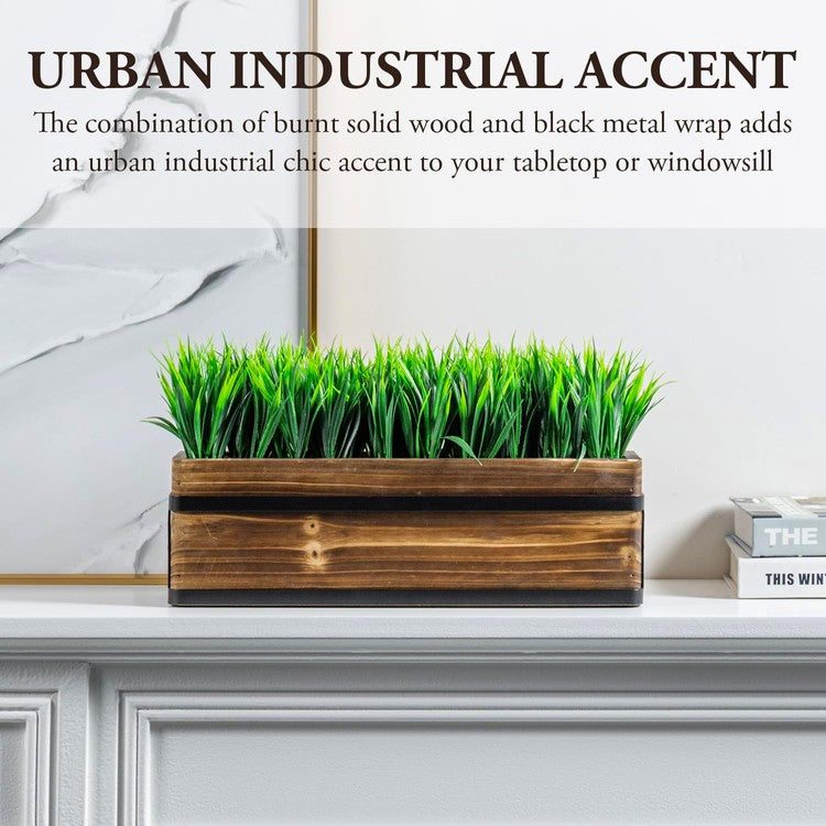 Brown Wood and Black Metal Artificial Green Grass Plant, Tabletop Plant Container-MyGift