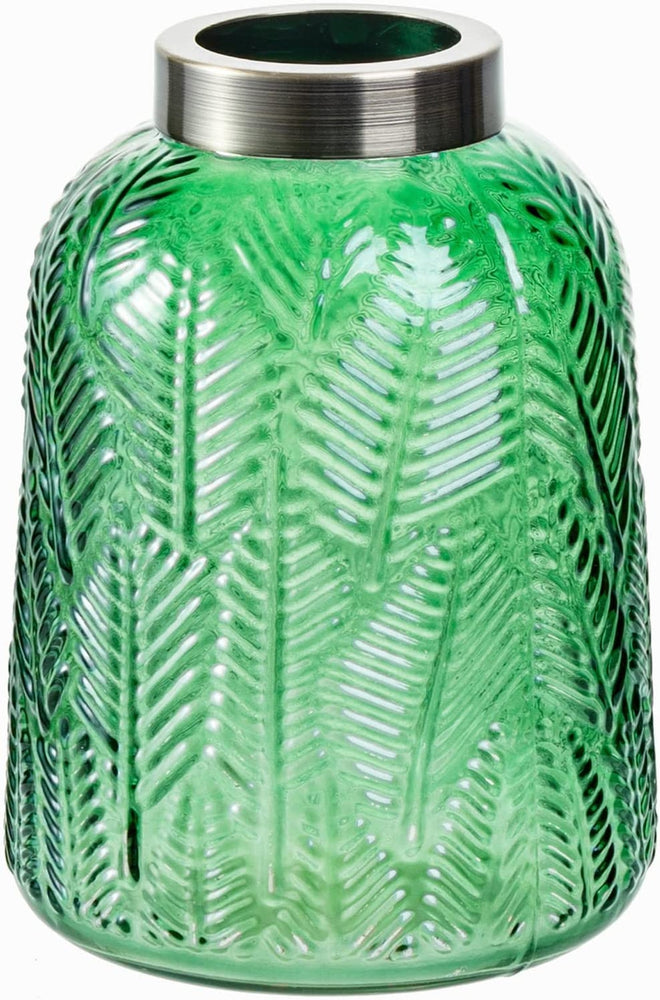 Artificial Vase, Green Vase with Brass Rim and Leaf Embossed Design-MyGift