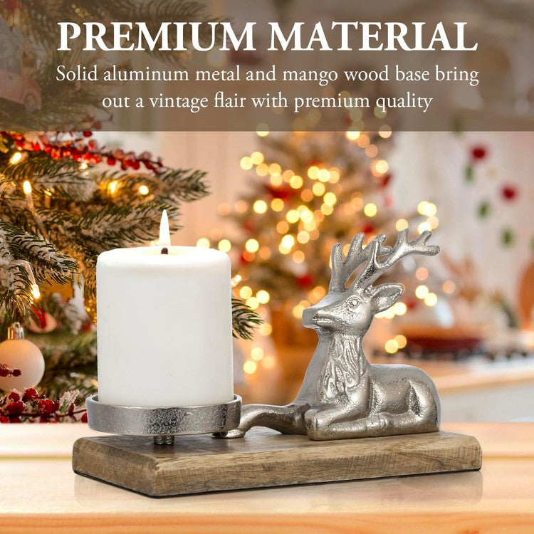 Brown Wood Candle Holder and Deer Figurine on Base for Pillar, Candle Container-MyGift