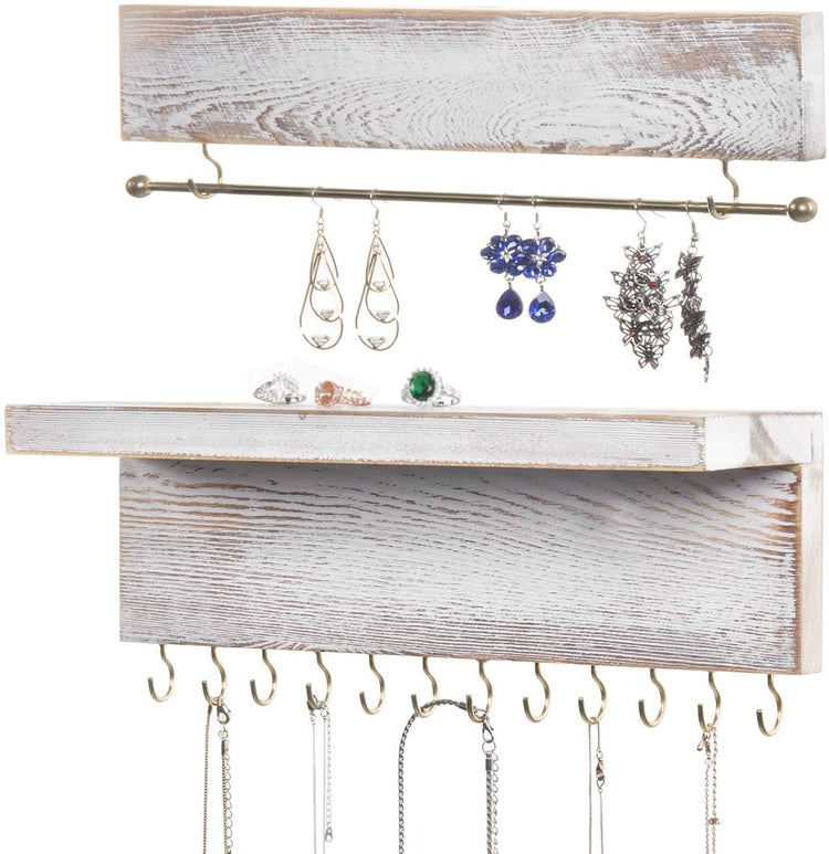 2 Piece Wall Mounted Jewelry Bar and Shelf with 12 Hooks, Shabby Whitewashed Wood Necklace Storage-MyGift