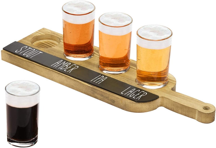 Burnt Wood Beer Flight Paddle Tray Sampler Server with 4 Glasses and Chalkboard Label-MyGift