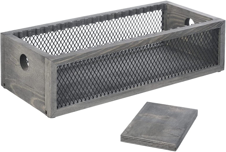 Gray Wood CD Storage Box, Tabletop Compact Disc Holding Rack with Metal Mesh Wire Sides-MyGift