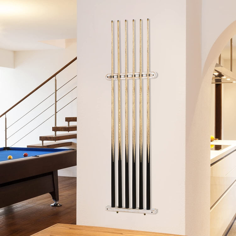 Wooden Whitewashed Wall Mounted Pool Cue Holder, Billiards Stick Storage Rack for 6 Cues-MyGift
