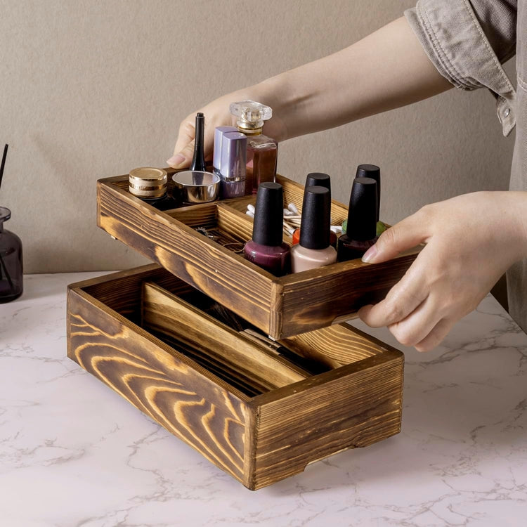 Tiered Burnt Wood Stackable Modular Vanity Storage Organizer Box, Decorative Countertop Caddy with Interchangeable Trays-MyGift