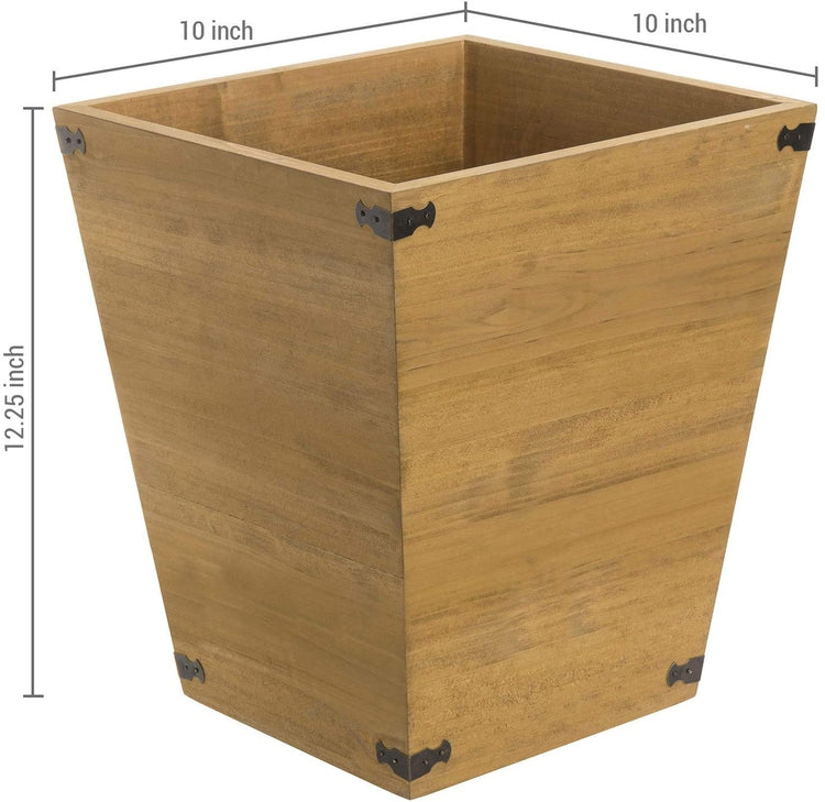 Brown Wood Waste Bin, Small Trash Can with Decorative Metal Brackets-MyGift