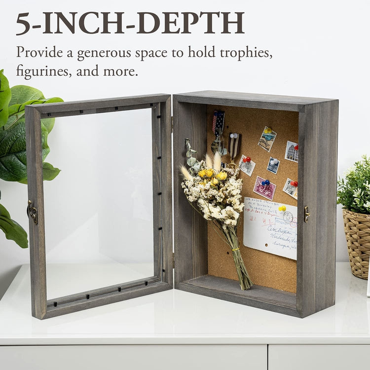 11x14 Gray Wood Shadow Box with Cork Backing, Wall Mounted Display Case with Clear Acrylic Front Window Panel-MyGift