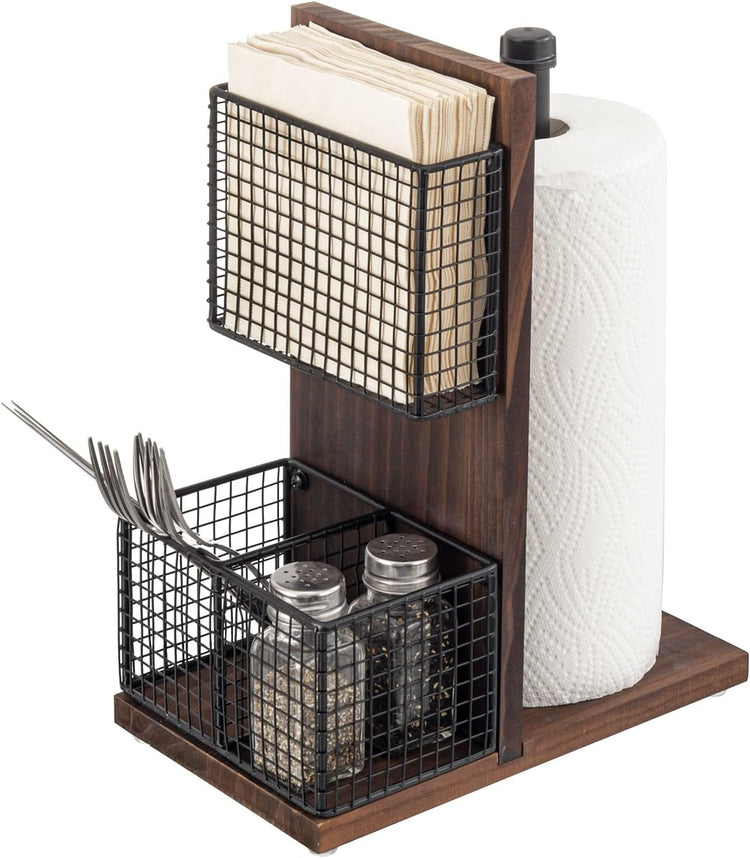 Dark Brown Wood and Black Metal Napkin Holders with Paper Towel Roll Stand and Spice Rack-MyGift