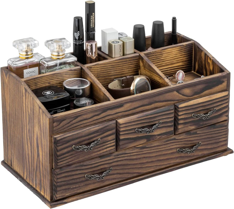 Burnt Brown Wood Vanity Organizer Rack with 4 Storage Drawers for Jewelry, Perfume, Cosmetics and Hair Accessories-MyGift
