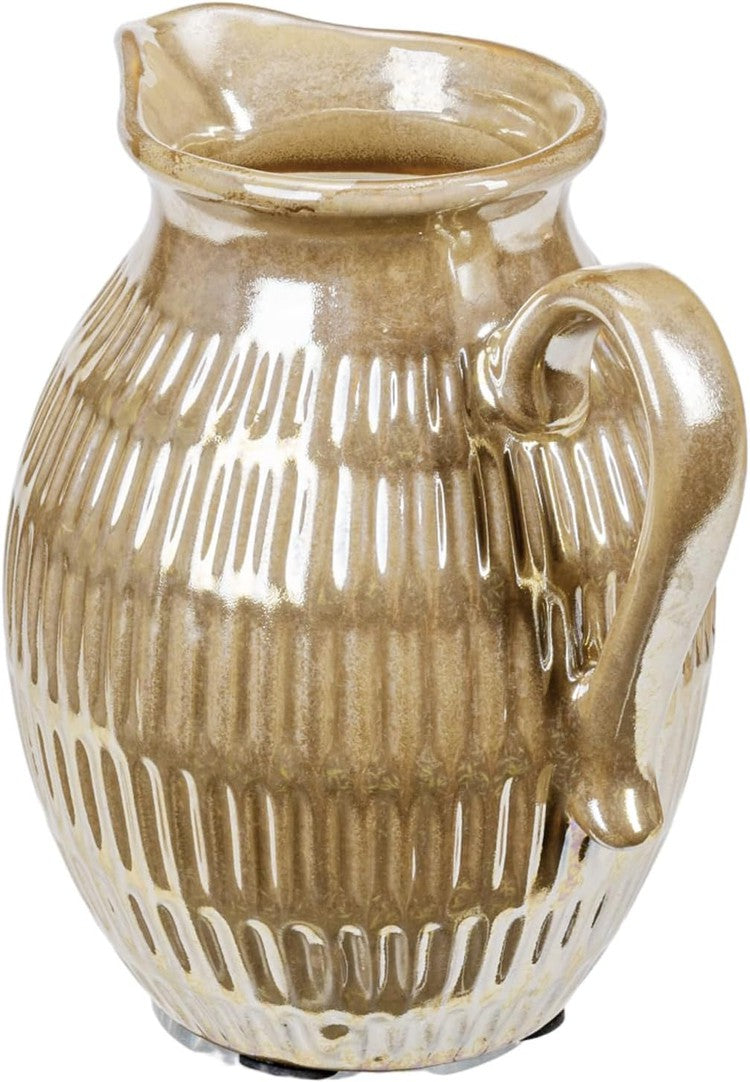 Vintage Small Jug Flower Vase with Brass Glazed Finish, Vertical Ribbed Ceramic Tabletop Pitcher Floral Vase-MyGift