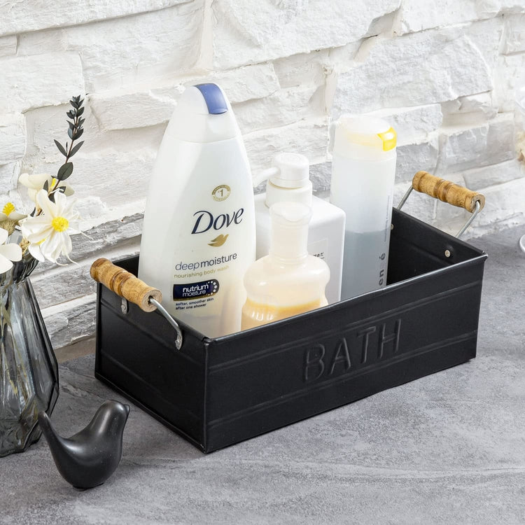 Matte Black Metal Bathroom Storage Basket with Wood Handles, Toiletries Holder Organizer Bin with Embossed BATH Label-MyGift