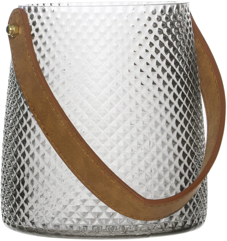 Artificial White Rose Bouquet Arrangement with Gray Tinted Diamond Embossed Glass Vase and Brown Leatherette Handle-MyGift
