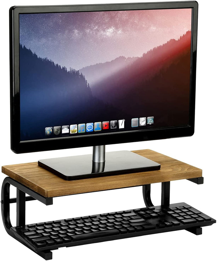 Burnt Wood and Metal Home Office Desktop Ergonomic Computer Monitor and Laptop Riser Stand, Display Shelf Desk Organizer-MyGift