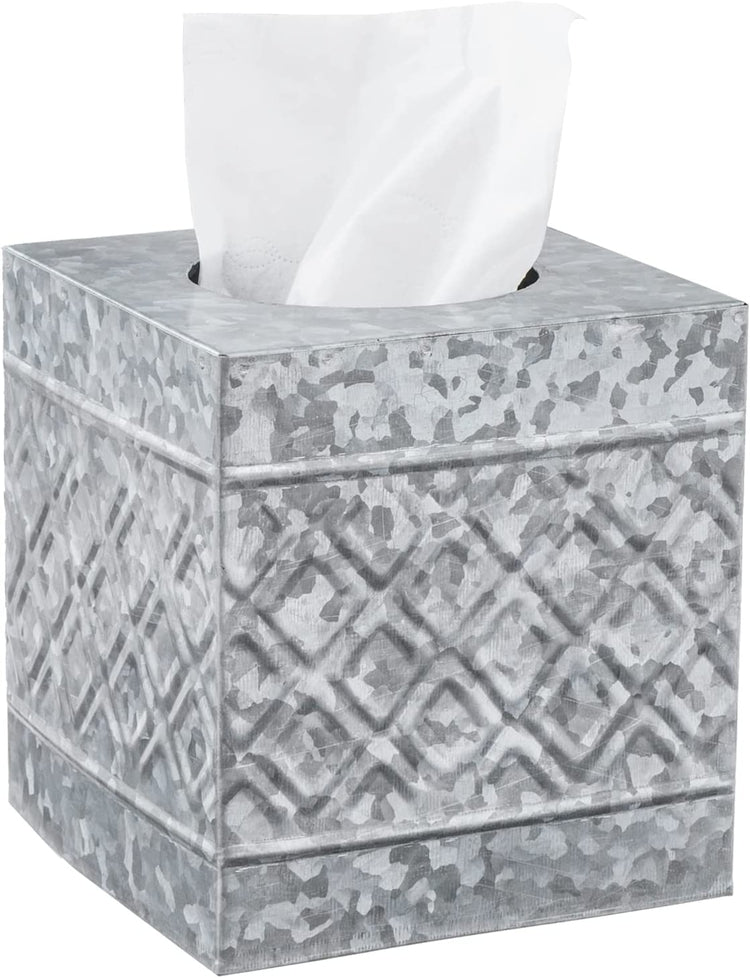 Galvanized Tissue Box Cover, Metal Square Tissue Holder with Diamond Embossed Pattern-MyGift