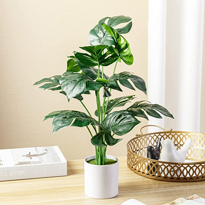 Artificial Tropical Palm Tree in Modern White Planter Pot, 20-inch Fake Garden Monstera Plant-MyGift