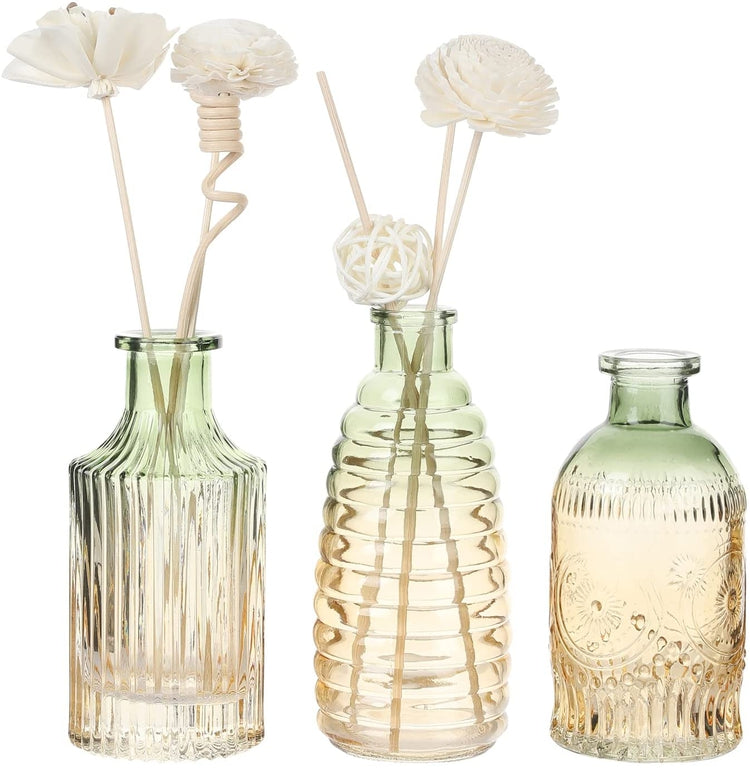 3 Pieces, Apothecary Glass Embossed Vases, Diffuser Bottles with Horizontal Vertical Ribbed Textures in Amber and Green-MyGift