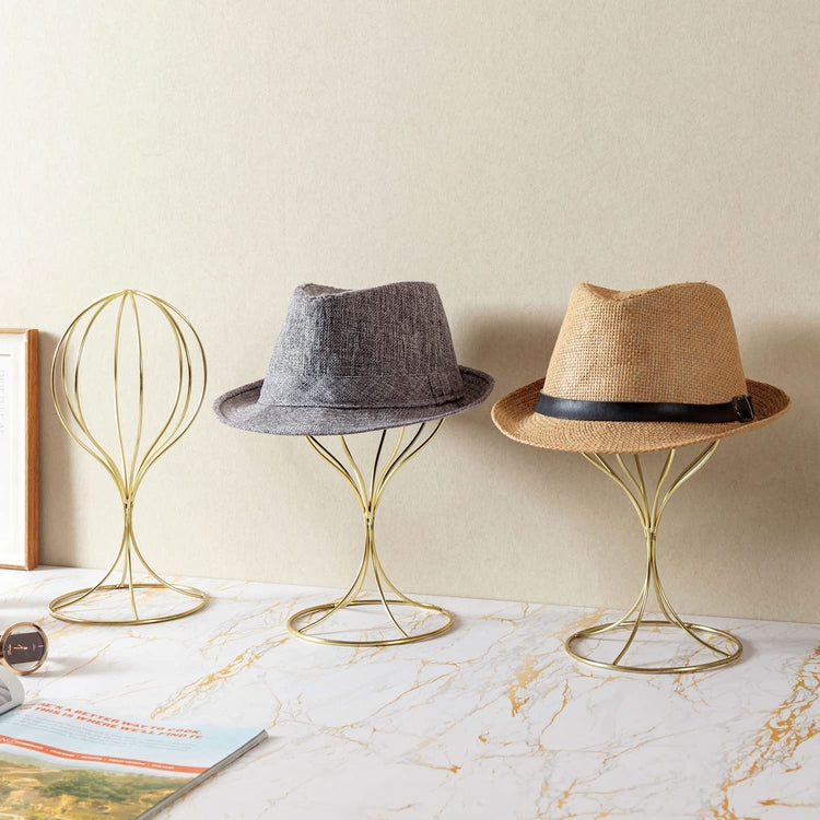 Brass Metal Wig Display Stand, Tabletop Hat Rack, Baseball Cap Storage Form, Set of 3-MyGift
