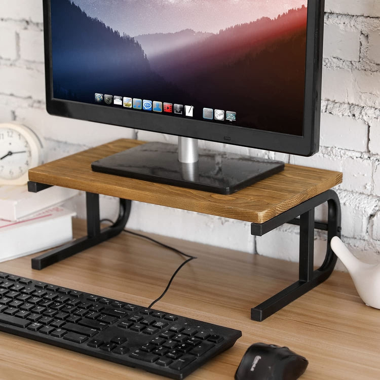 Burnt Wood and Metal Home Office Desktop Ergonomic Computer Monitor and Laptop Riser Stand, Display Shelf Desk Organizer-MyGift