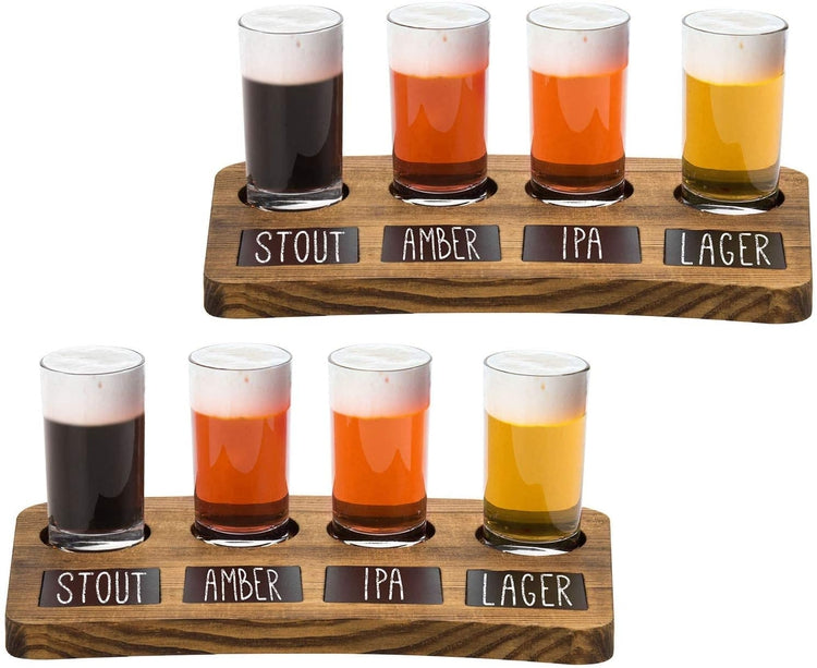 Set of 2, Dark Brown Wood 4-Glass Beer Flight Sampler Trays with Chalkboard Labels-MyGift