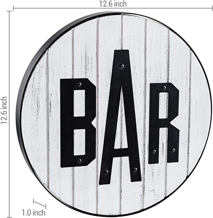Whitewashed Wood Round Wall Décor Bar Sign with Black Metal Rim and BAR Letters-MyGift