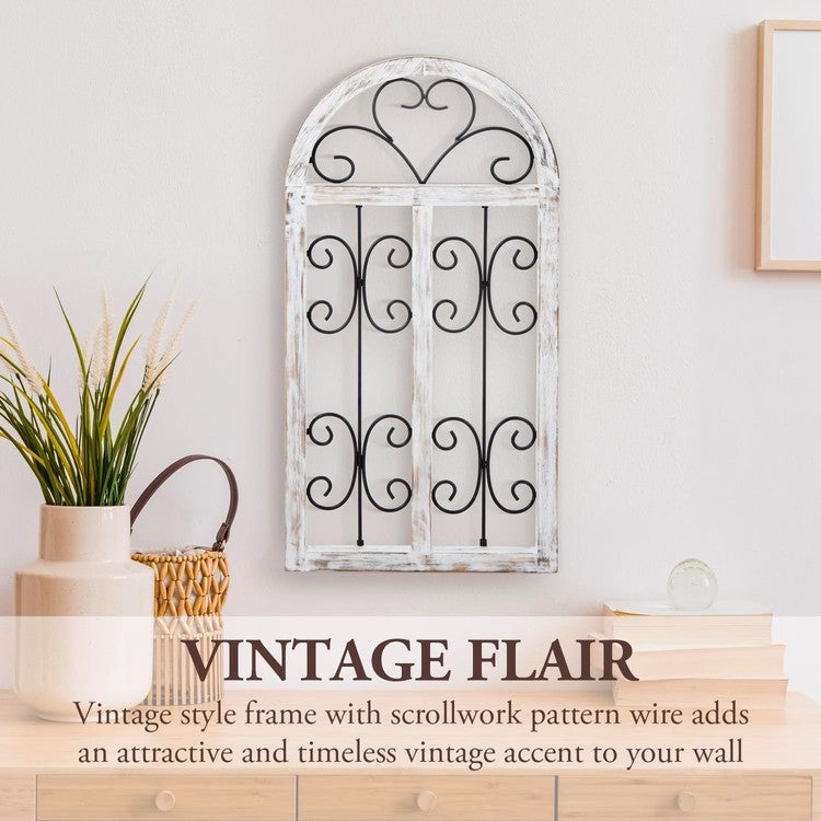 White Wood and Black Metal Scrollwork Arched Window Frame Wall Decoration, Hanging Distressed Wooden Panel-MyGift