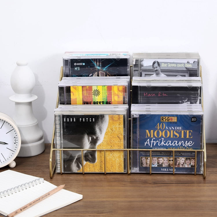 Modern Disc Organizer Display Stand, 3 Tier Brass CD Holder Storage Rack-MyGift