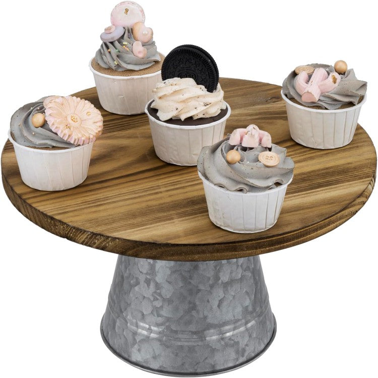 Vintage Burnt Wood 11-Inch Cake Stand with Silver Galvanized Metal Pedestal, Dessert, Appetizer Cupcake Display Riser-MyGift