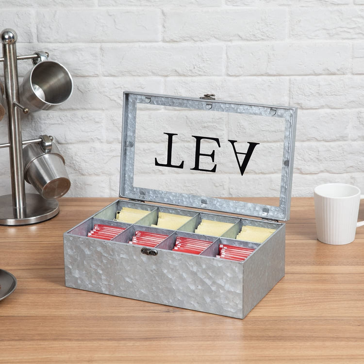 8-Compartment Galvanized Metal Tea Bag Storage Box Organizer Chest with Lid with Latch and TEA Letter Print-MyGift