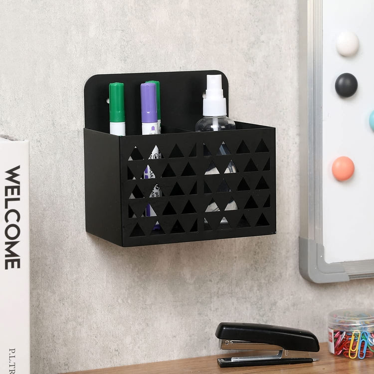 Wall Mounted Black Metal Whiteboard Marker Holder with Triangle Cutouts, Office Supply Storage Bin, Desktop Pencil Cup-MyGift