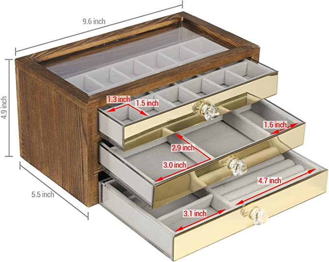 Jewelry Box with Brass Paneled Drawer, Wood Jewelry Storage Chest with 3 Velvet Lined Drawers-MyGift