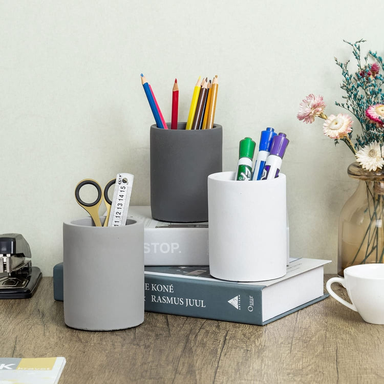 Set of 3, Gray Concrete Cylinders Desktop Pencil Cups, Office Stationery Storage Organizer Holders-MyGift