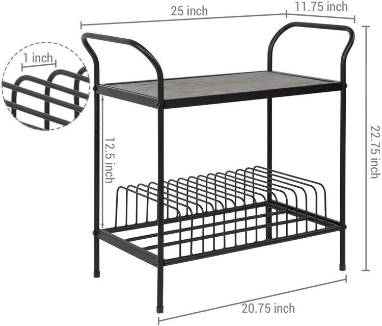 2-Tier Gray Wood & Black Metal Turntable Stand w/ 14 Slot Record Storage-MyGift