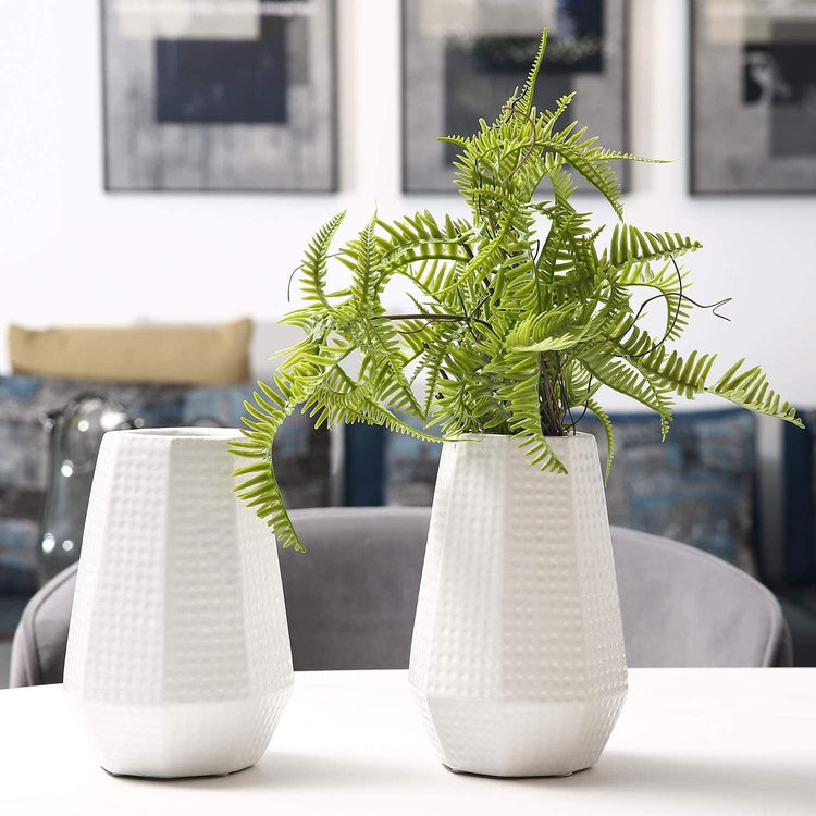 Set of 2, 7-Inch Dimpled White Ceramic Tabletop Flower Vase Planter Pot with Geometric Cutout Design-MyGift