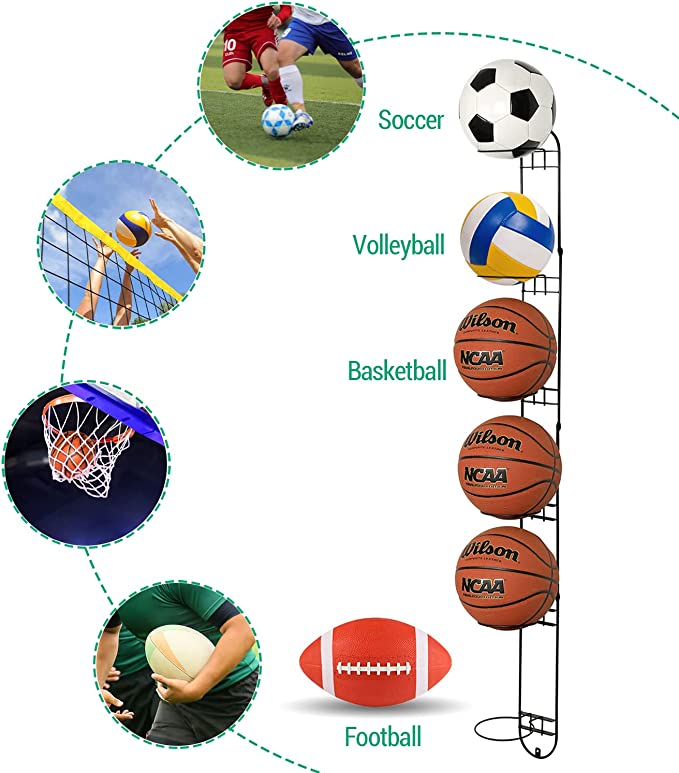 Sports Ball Storage Rack, Basketball, Soccer Ball, Medicine Ball, Volleyball Black Metal Wall Holder for Gym or Garage-MyGift