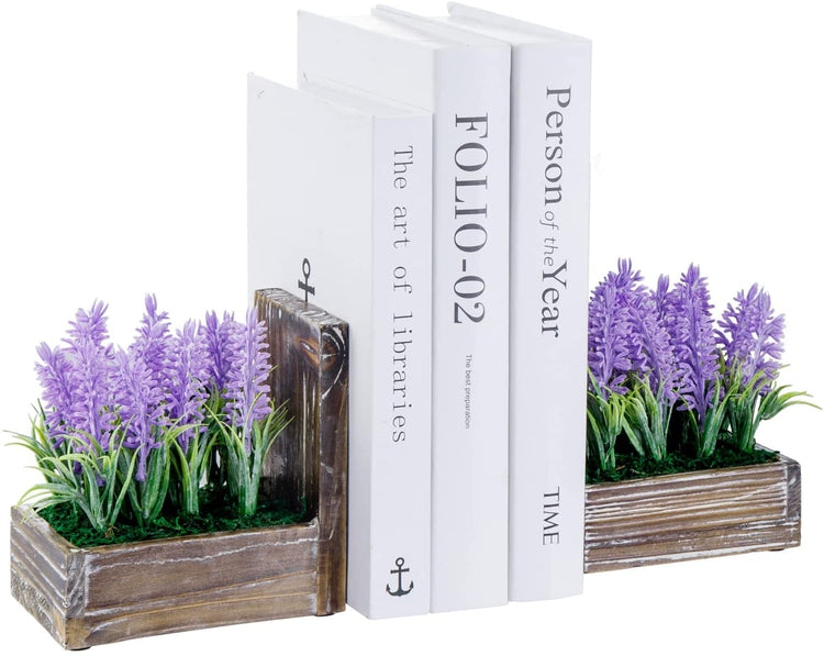 Decorative Bookends, Book Holder, Torched Wood Bookend with Artificial Lavender in Planter Boxes, Desktop Book Stands-MyGift
