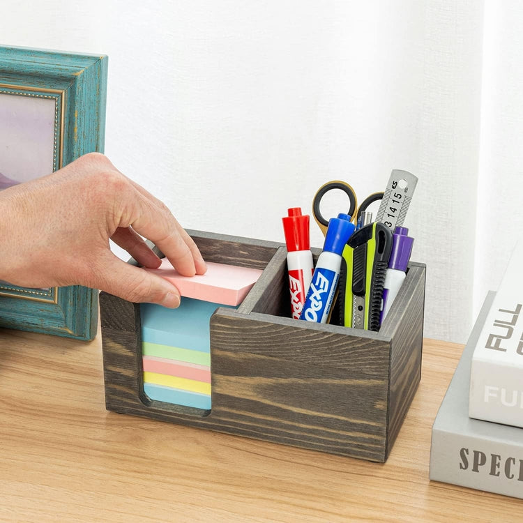 Gray Wood Sticky Note and Stationery Holder Stand, Office Desktop Storage Caddy for Note Pads, Pen Pencil Cup-MyGift