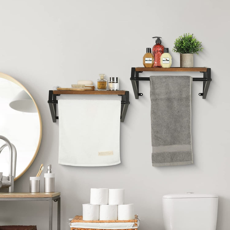 Wall Mounted Clothing Garment Rack with Floating Shelf, Brown Wood and Metal Clothes Hanger Rod-MyGift