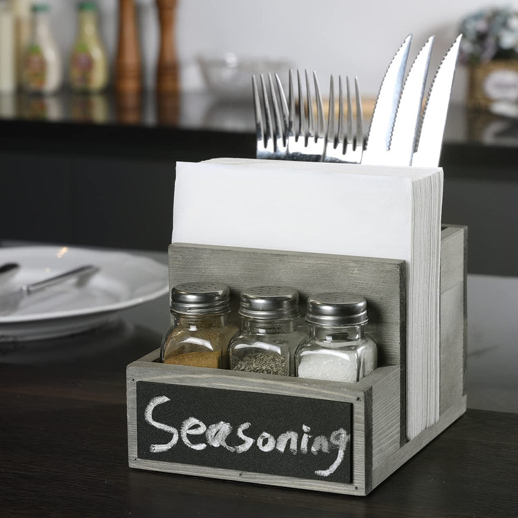 All-in-one Gray Wood Condiment Serving Caddy with Napkin Holder, Dining Utensil Organizer, 3 Salt and Pepper Shakers and Chalkboard Surface-MyGift