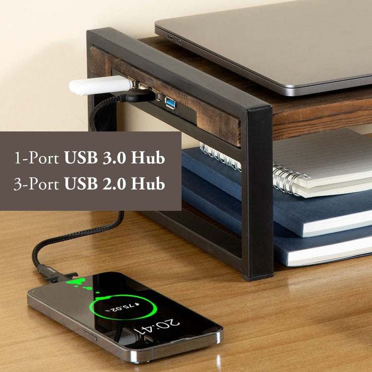 USB Enabled Monitor Stand Riser, Burnt Wood and Black Metal Ergonomic Desktop Workstation with USB 2.0 & USB 3.0 Ports-MyGift