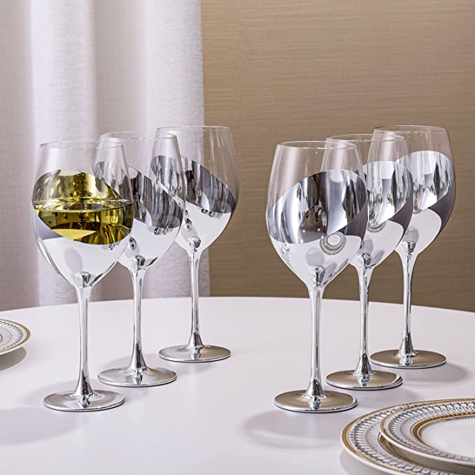 Modern 14 oz Stemmed Wine Glasses with Silver Angled Metallic Accent Design, Set of 6-MyGift