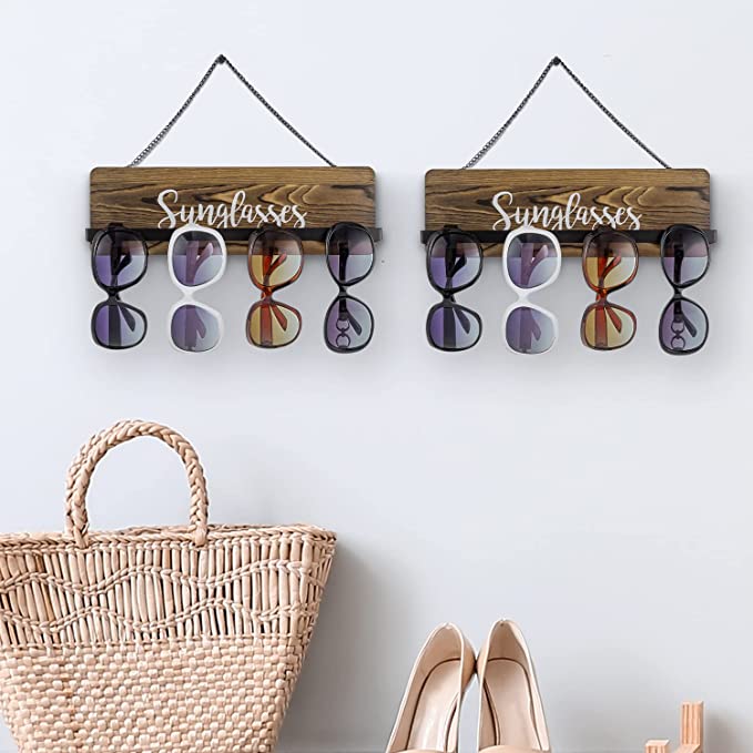 Rustic Burnt Wood Wall Mounted Sunglasses Storage Holder with Cursive Sunglasses Lettering, Set of 2-MyGift