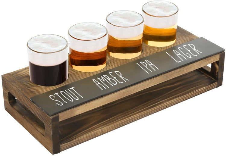 Dark Brown Burnt Wood Beer Flight Sampler Tray with 4 Beer Glasses and Erasable Chalkboard Label-MyGift
