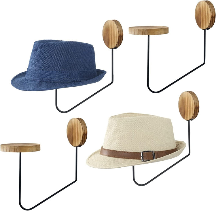Wood and Industrial Black Metal Wire Floating Cap Holder Organizer Entryway Display, Hat Rack, Set of 4-MyGift