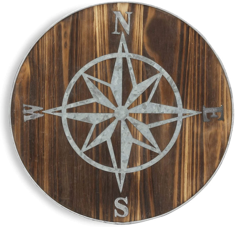 Dark Brown Wood and Galvanized Silver Metal Decorative Round Compass Wall Decor Nautical Art-MyGift
