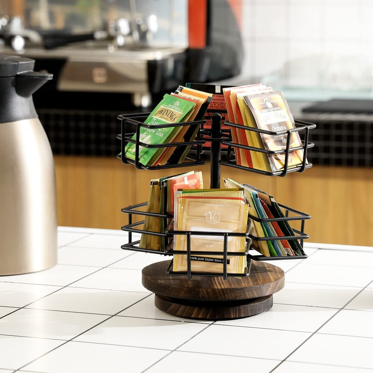Black Metal Wire Tea Bag Spinning Carousel Basket, 6-Compartment Tea a ...