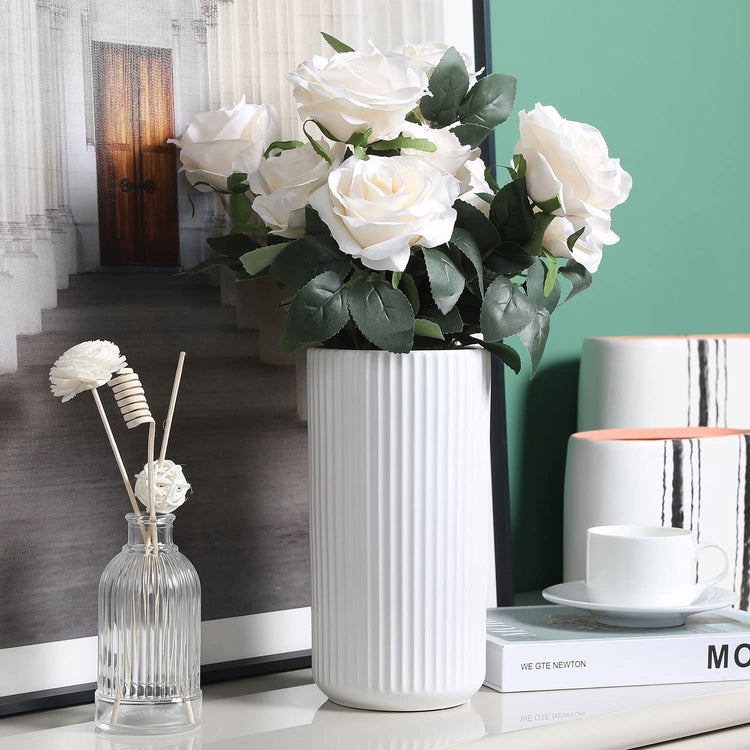 Artificial White Roses with Stem Fake Flowers Bouquet and White Ceramic Vase with Vertical Ribbed Embossed Pattern-MyGift