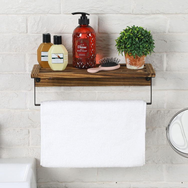 Burnt Wood and Black Metal Wall-Mounted Towel Rack with Bath Storage Shelf-MyGift